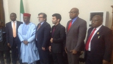 L- R, Chief. Tony Onyima, commissioner for Information, Culture and Tourism; Chief Willie Obiano, Executive Governor of Anambra state; Mr. Hassan Fawaz, MD of COMFAX; Mr. Hussein FAWAZ, Director of COMFAX; Mr. Uche Nworah, MD/CEO, Anambra Broadcasting Service and Mr. Chike Anali, Head of Service, Anambra state at the contract signing.